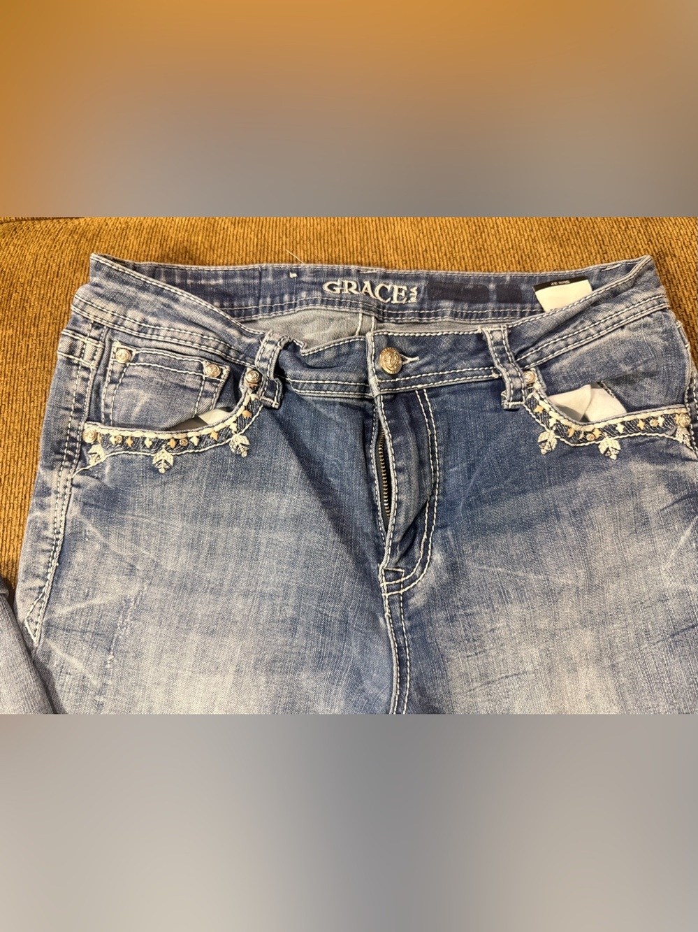Grace in LA Womens Blue Light Wash Bootcut Denim Jeans Embroidered RhinestoneW32 - Picture 5 of 7